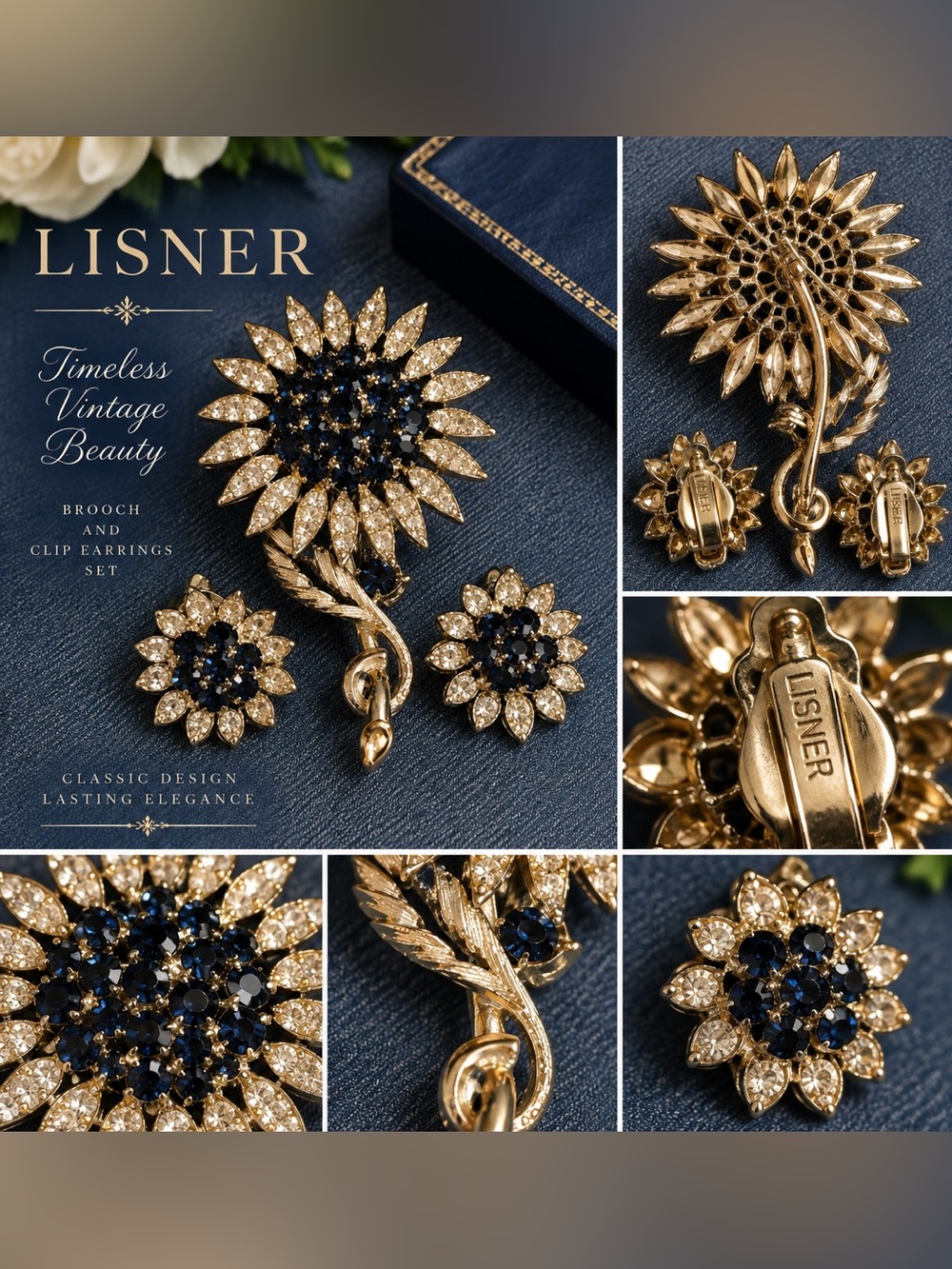 Lisner Gold-Tone Navy & Clear Crystal Flower Brooch and Earring Set